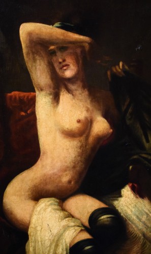 Tableaux et dessins Tableaux XIXe siècle - Femme nue aux bas noirs - école italienne du XIXe siècle